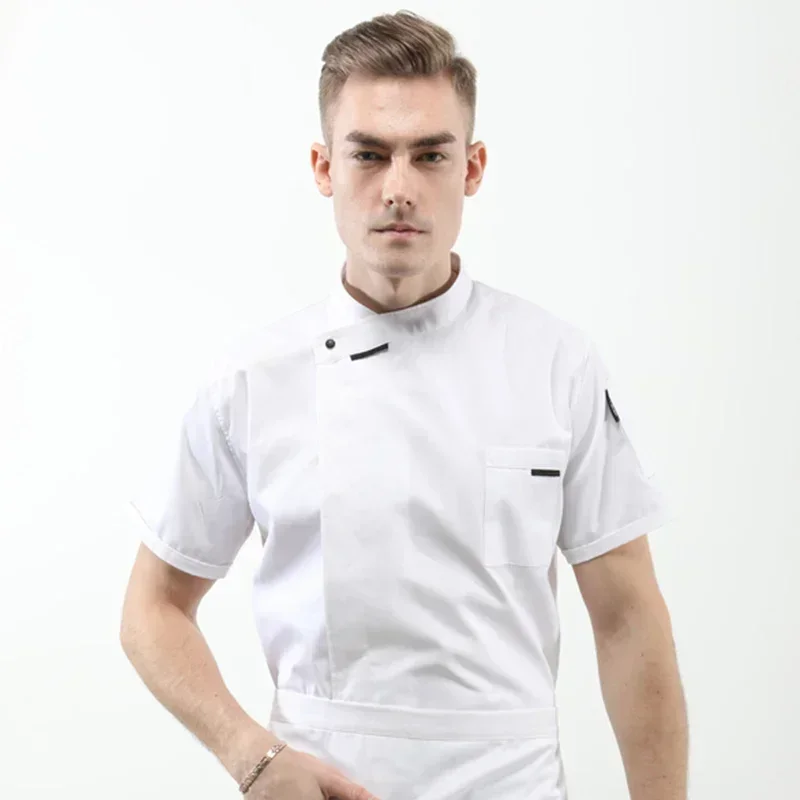 Uniforme de chef manga curta e longa para homens e mulheres, avental de cozinha, uniforme de garçom e garçom