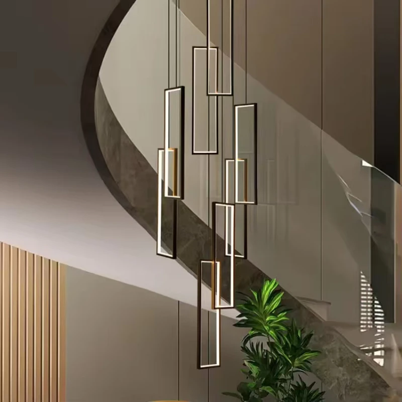 

Postmodern Rectangular openwork Hardware led chandelier Ceiling lustre for Staircase lighting luminaire Dimmable