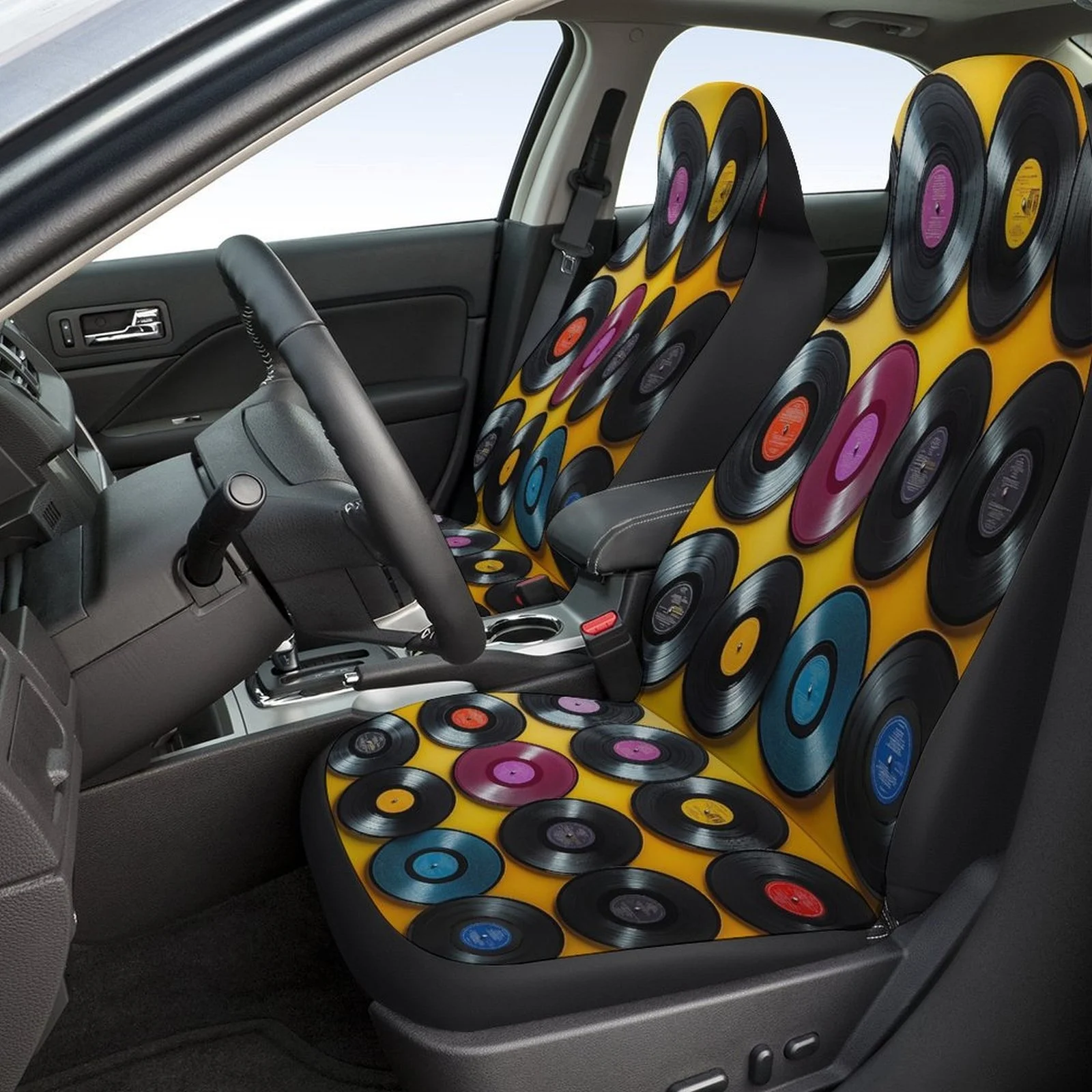 Vinyl Collection Designed Car Seat Covers Set For Most Cars, Trendy Breathable Decorative Car Seat Protector Covers Full Set, C