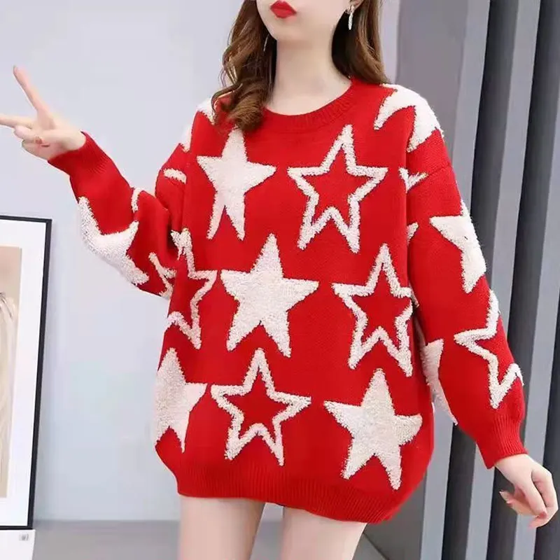 Sweter Bintang Tambal Sulam Kasual Pakaian Wanita Musim Gugur Musim Dingin Tebal Berkelompok Bergaya Korea Longgar Semua Cocok Jumper Leher Bulat