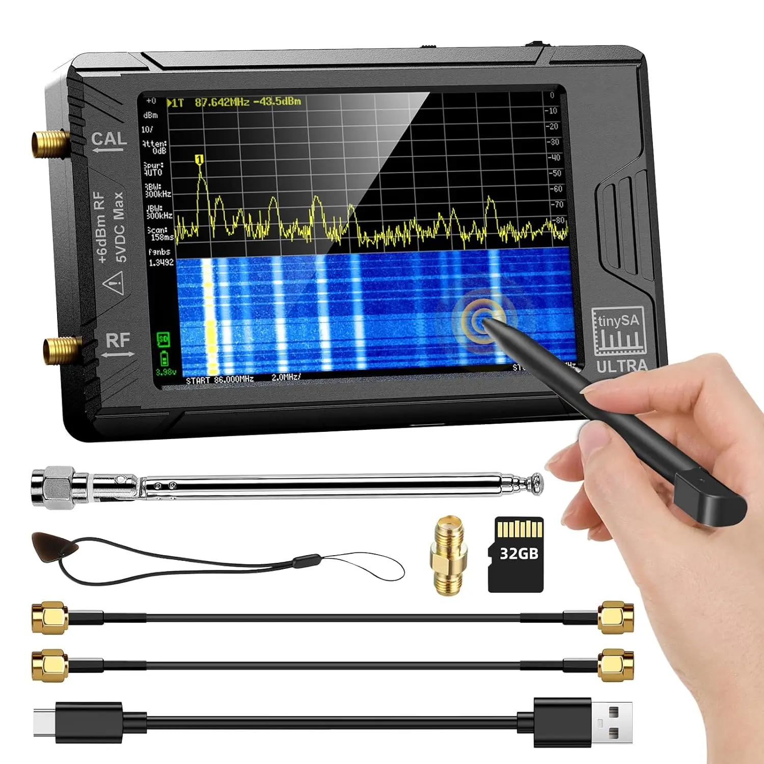 Analisador de espectro SeeSii TinySA ULTRA 4 "Display 100kHz a 5,3GHz com cartão de 32GB versão V0.4.5.1 Novo analisador minúsculo portátil