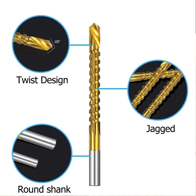 6PCS/Set Titanium Coated Drill Bit Spiral Jagged Saw Drill Bit Composite Drill Bit Twist Drill Bit