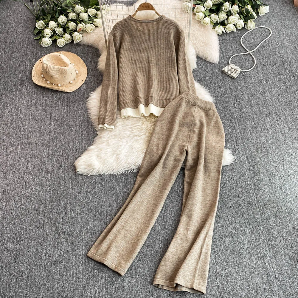 Women Korean Patchwork Knitted Suits Slim Stomach Cover Fake Two Knit Sweater + High Waist Wide Leg Pants Two-piece set