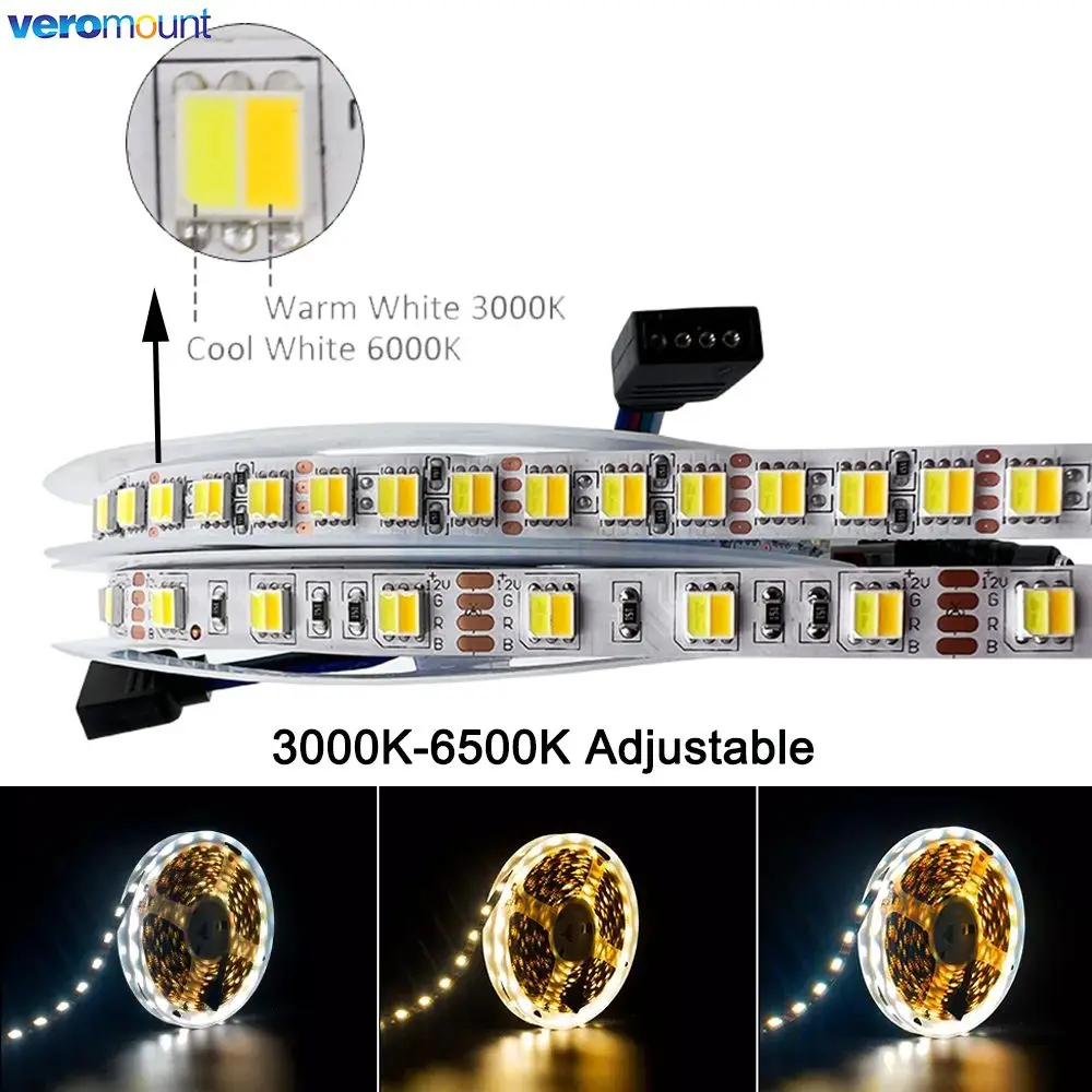 5m 5050 5025 CCT LED Strip 60LEDs/m 120LEDs/m Dual White CW+WW CCT 2 in 1 Color Temerature Ajustable LED Tape 12V 24VDC 10mm PCB