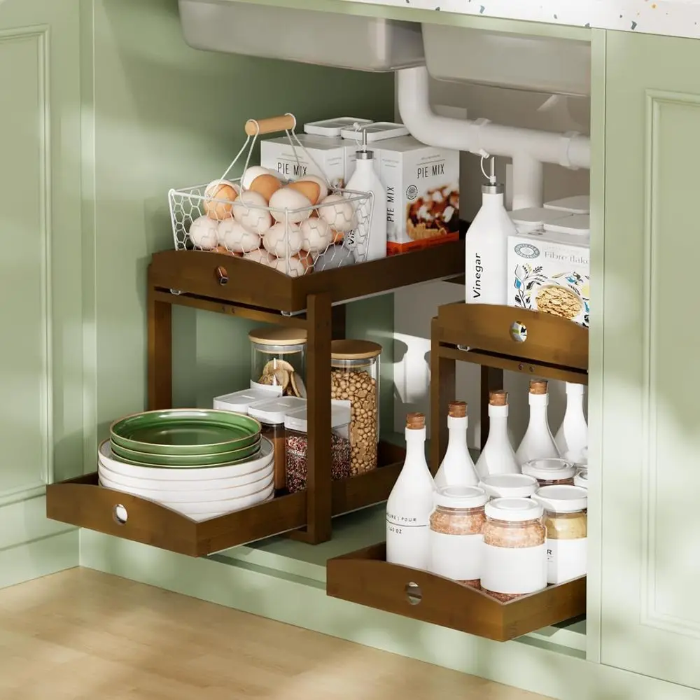 منظم حوض الخيزران بطبقتين، درج منزلق للتخزين للمطبخ والحمام، سهل التجميع، لمسة نهائية من خشب الجوز