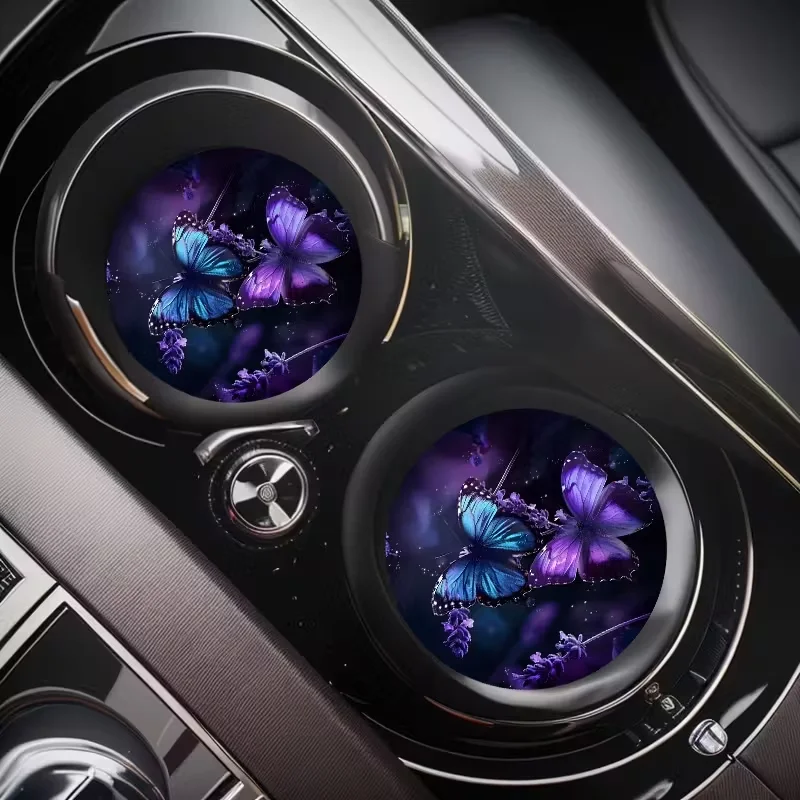 2 قطعة حصيرة كأس السيارة على شكل فراشة لافندر، سلع السيارات، حصيرة كوب الماء الإبداعية، الديكور الداخلي للسيارة، حصيرة تخزين غير قابلة للانزلاق، عالمية #3