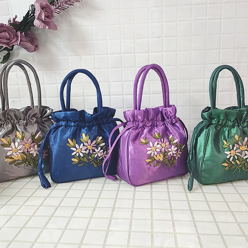 النمط الصيني الرجعية زهرة التطريز Crossbody الأعلى حقائب بيد المرأة الكتف الدانتيل الرباط دلو حقيبة محفظة للعملة حقائب اليد