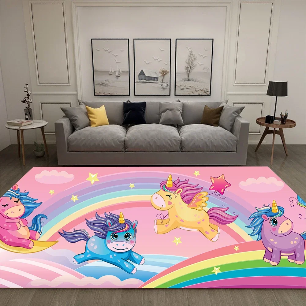 Cute Kids Rug Pink Unicorn 3D Printed Kids Play Area Floor Mats Home Decor Bedroom Corridor Bathroom Anti-Slip Carpet Anime Rug