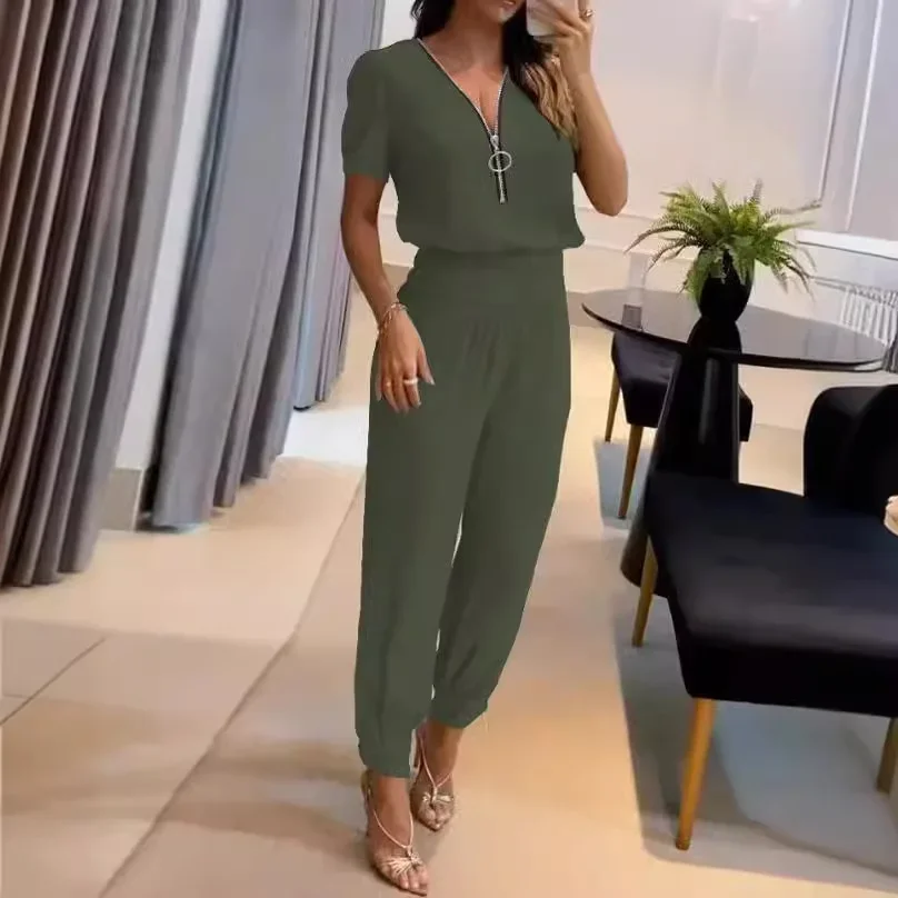 

Women's Suit, Top Pants,V-neck Zipper Short-sleeved Top, Leggings and Trousers Two-piece Set Casual Fashionable New Elegant