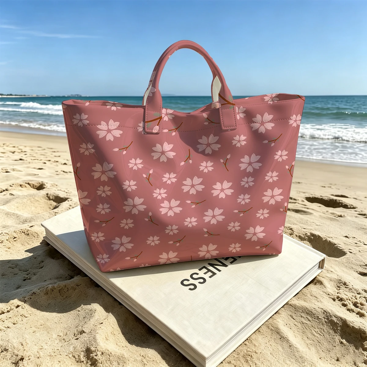 Cherry Blossoms on Pink Cute Large Glossy PVC Tote Bag Hand Washable Lightweight Soft for Travel Commute Makeup Storage Handbags