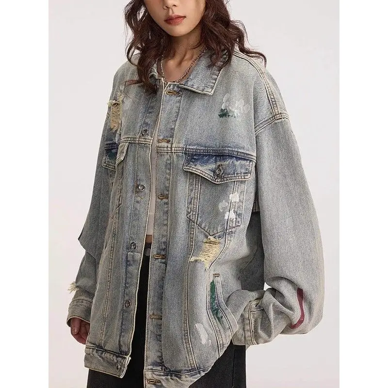 

Waed Denim Jaet Men's Spring Autumn Hole Spattered Ink Motorcycle Design Retro Versatile Jaet Stand Fit Long Sve