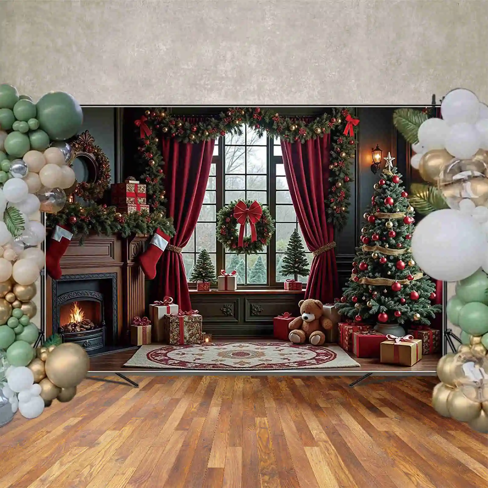 MOON.QG 크리스마스 커튼 테디 베어 사진 배경 나무 공 벽난로 사진 배경 아기 스튜디오 Photocall 용품