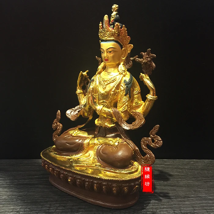 22cm--home family efficacious Protection Four-armed Avalokitesvara Bidhisattva brass Guanyin  Gold-plated Buddha  statue