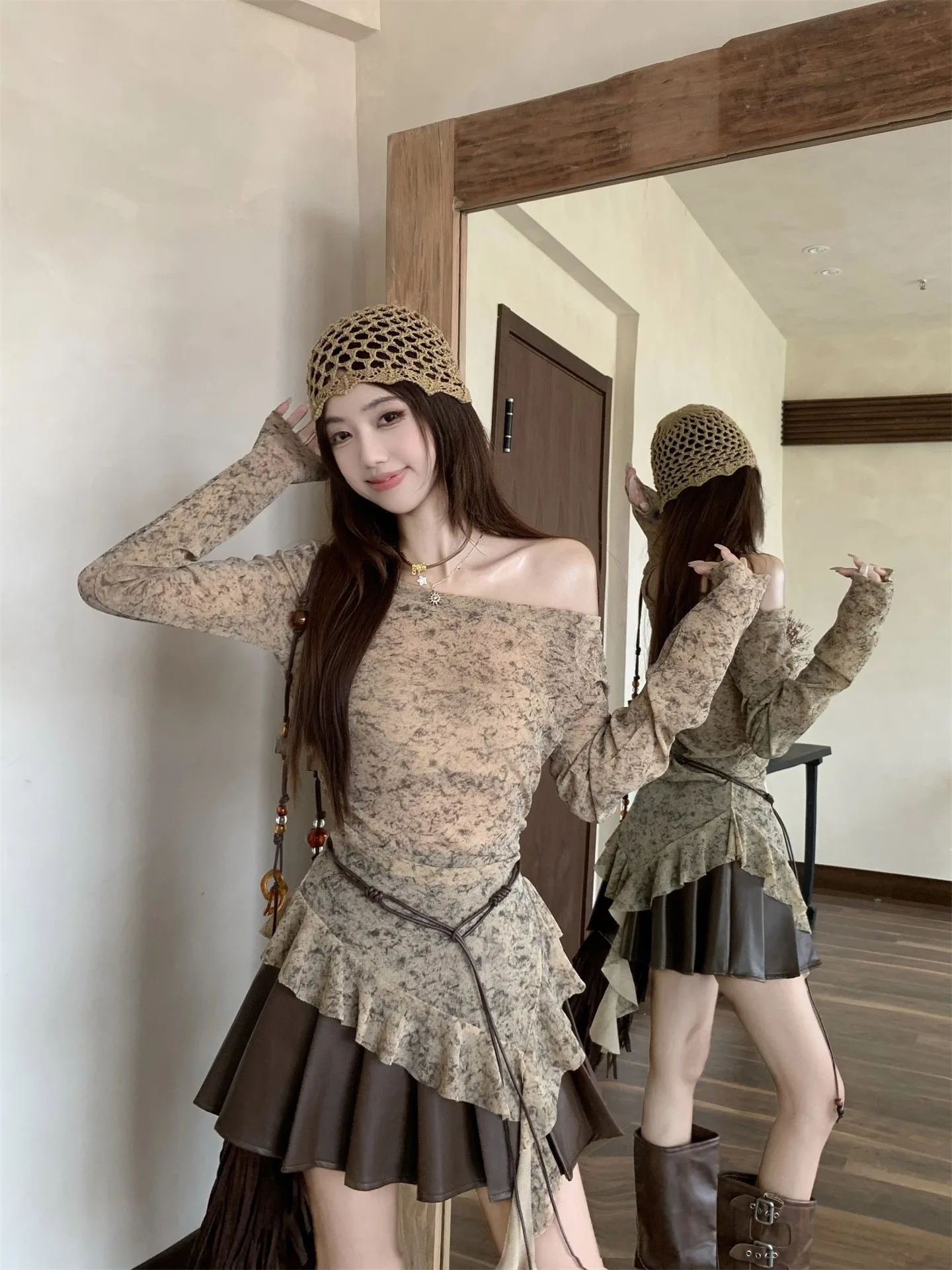 

Retro Style High Waist Long Sleeve T-Shirt And Skirt Set Women's Fashion Slim Fit Floral Print Asymmetrical Shoulder Top