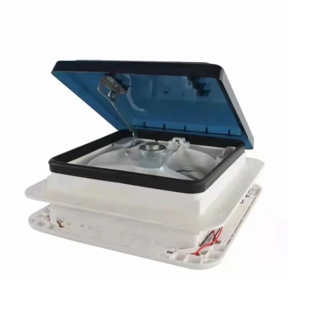 Camping car roof hatch cover 280x280mm, dark blue cover, with white frame and LED lights, suitable for RVs