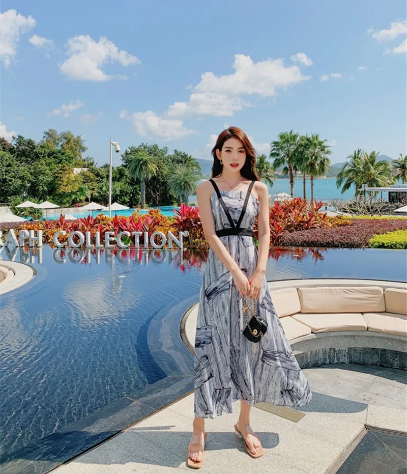 Beach Seaside Holiday Dress 2022 Summer Women's Sanya Backless Suspenders Super Fairy Thin Chiffon Print Dress