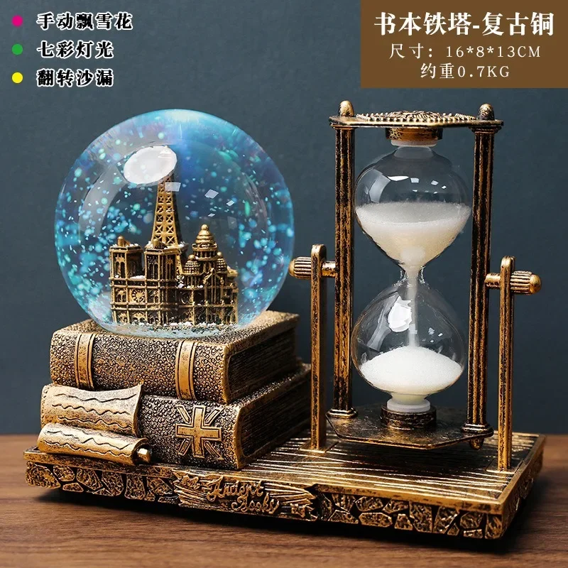 Retro tower hourglass timer crystal ball music box luminous desktop ornaments graduation gift for students.