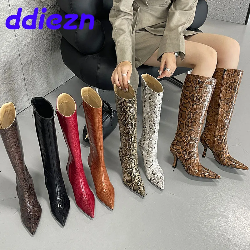 Fashion Zippers Ladies Long Boots With Heels Shoes Female Autumn Winter Pointed Toe Women Knee High Boots Footwear Big Size 43