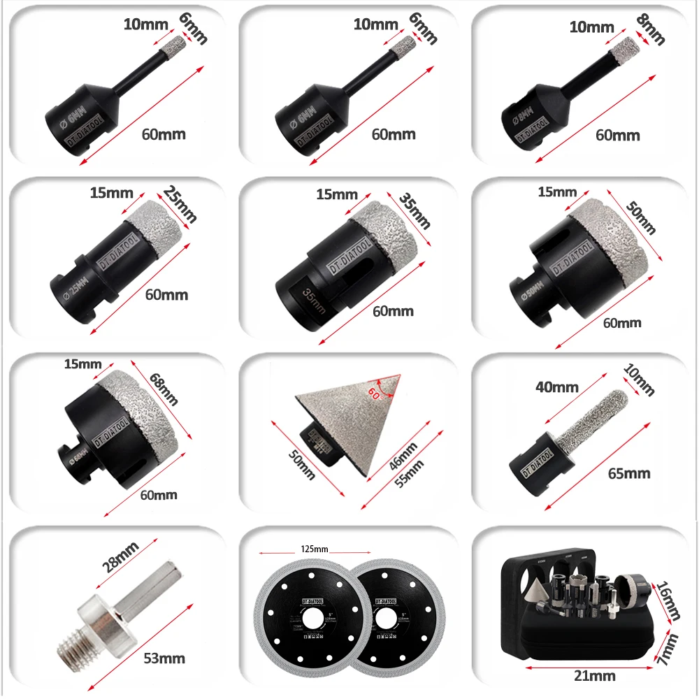 DT-DIATOOL Fliesenbohrer-Set 10-teilig Lochsäge Fräs- und Abschrägungsbits Sechskant 125mm Schneidscheiben für Keramik Marmor Granit M14 Gewinde – Detail 5