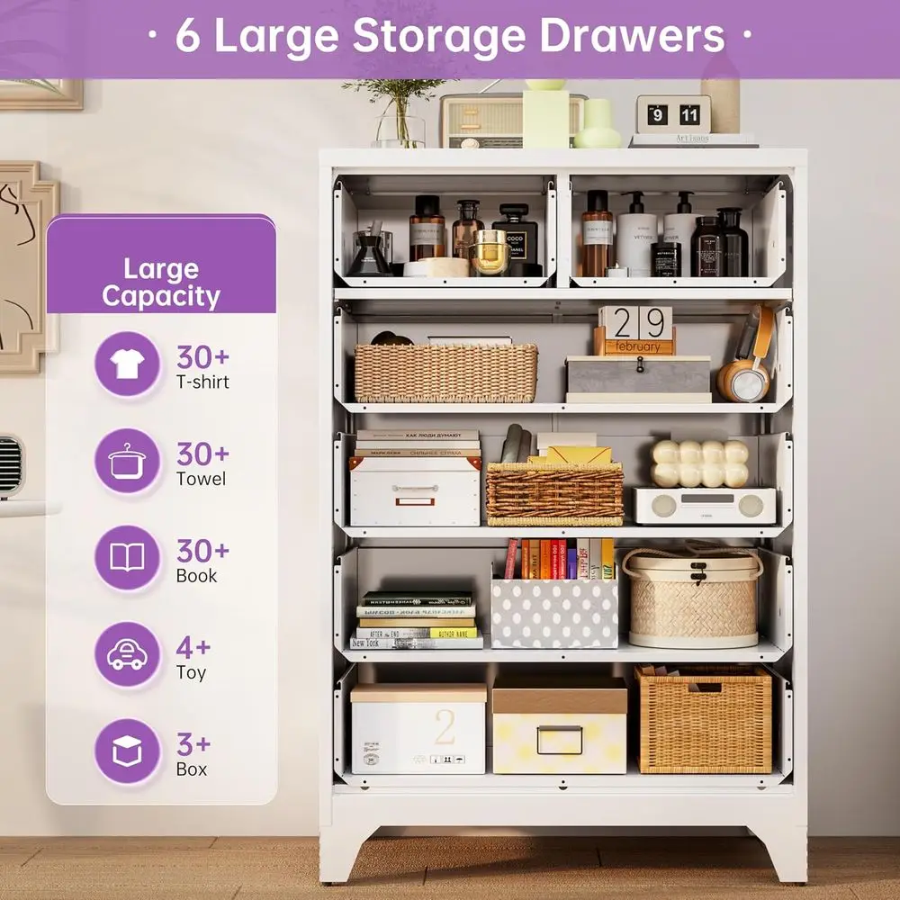 Cassettiera bianca contemporanea a 6 cassetti, 48 alte, portaoggetti verticale per camera da letto, spazi abitativi