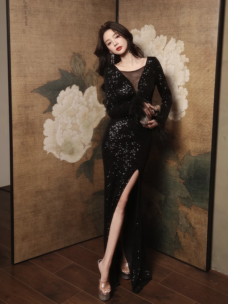 

Элегантное вечернее платье с длинными рукавами для женщин, модное, с разрезом, блестящее, черное, для ежегодного корпоративного вечера, сексуальное, для ведущей