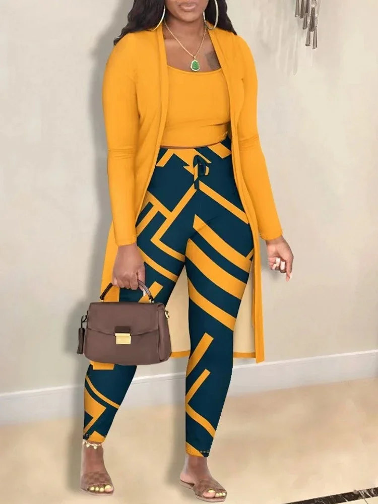 Summer Dashiki African  Women Cardigan Long Trench Tops And Bodycon Pant Suit Casual Clothes Boho Sexy Three Piece Outfits 2023