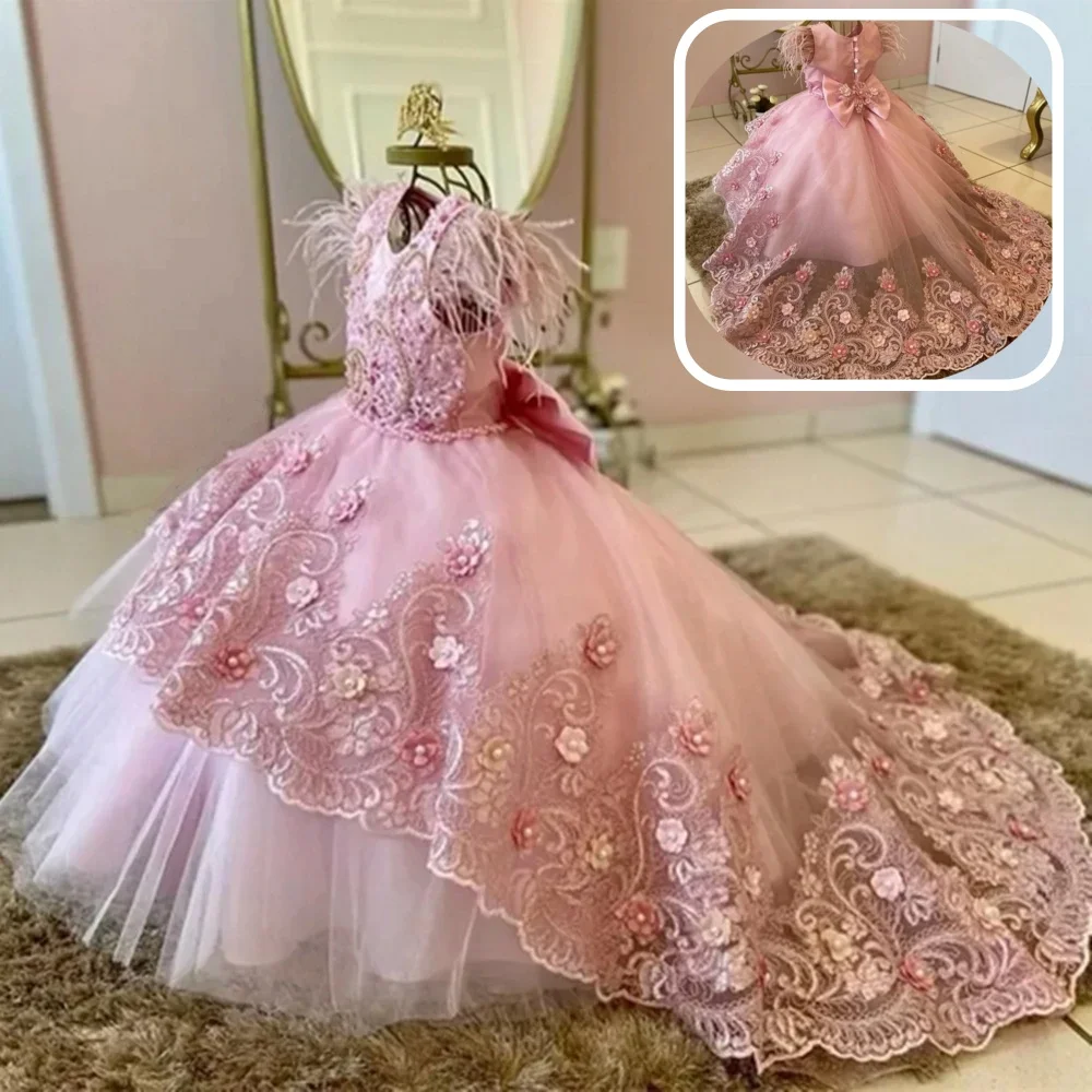 

Puffy Lace Feather With Bow Baby Dresses Handmade Pink Applique Flower Girl Dress For Princess Wedding First Communion Ball Gown