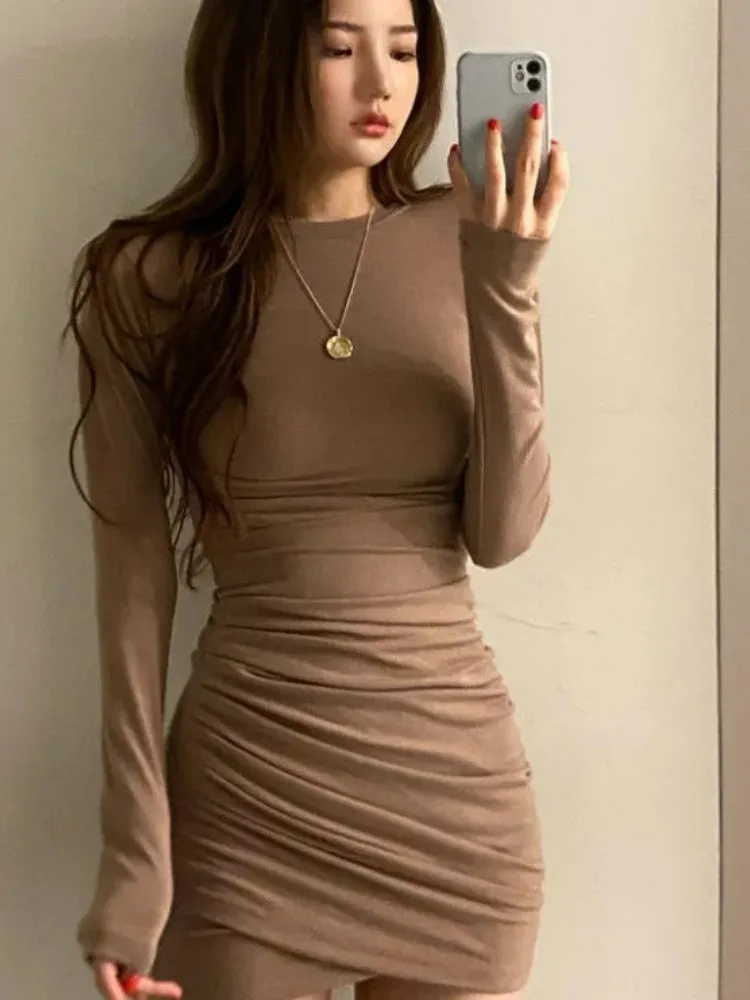 Women Mini Dress Base Layer 2025 Autumn Vibe Long Sleeve Dress Women's Ruched Fitted Waist Slim Bodycon Mini Dress