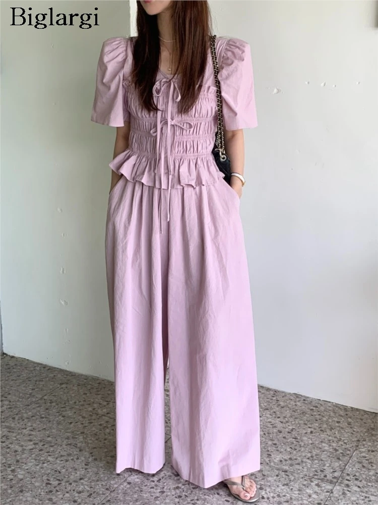 

Summer 2 Two Piece Set Women Pleated Fashion Sweet Ladies Blouses Wide Leg Elastic High Waist Loose Korean Style Woman Pant