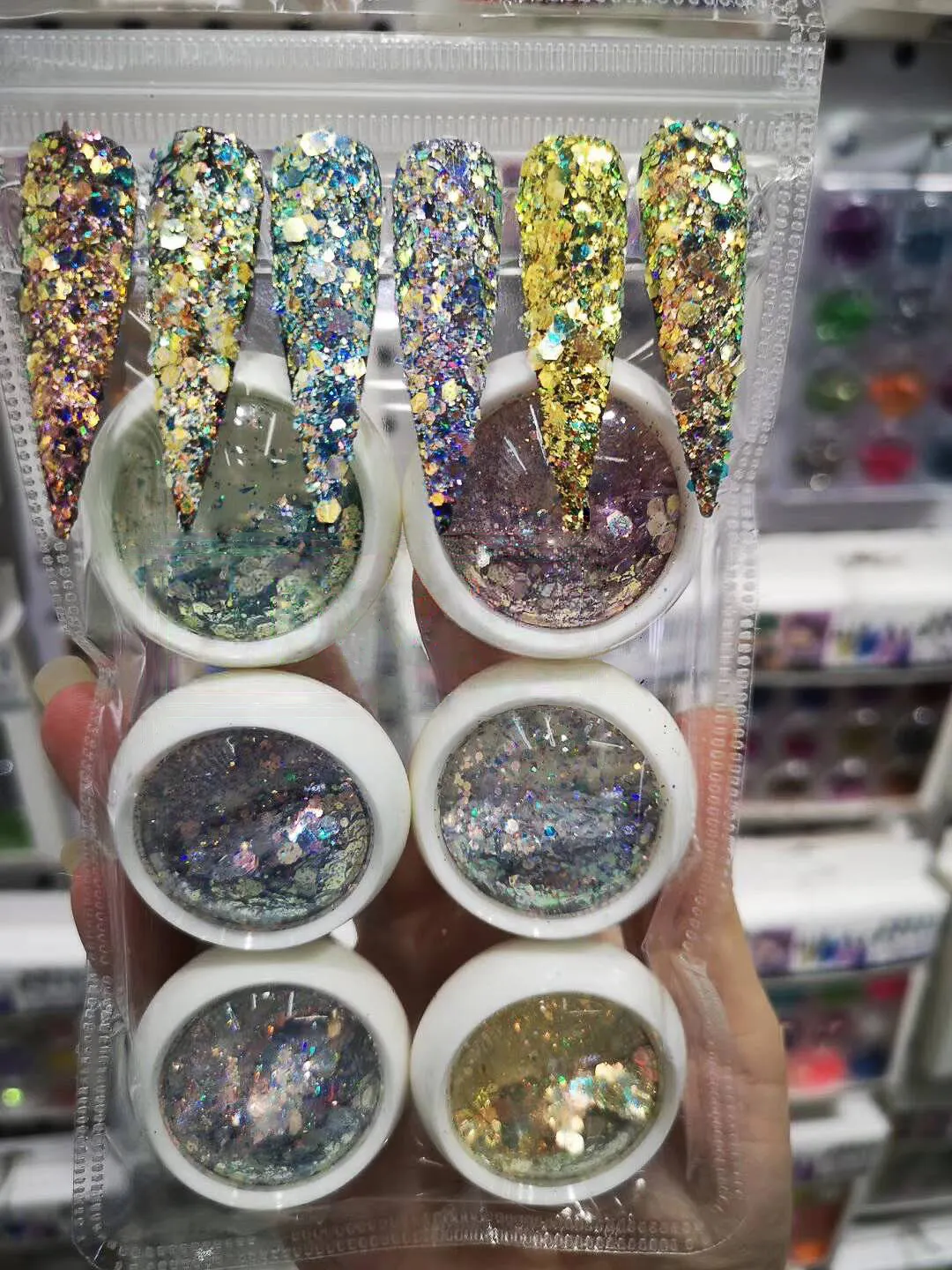 6 الجرار مكتنزة بريق مجموعة الأزرق الفضة الذهب المجسم الشعر العين الوجه الجسم مسمار بريق ماكياج التجميل حورية البحر فضفاض السائبة بريق