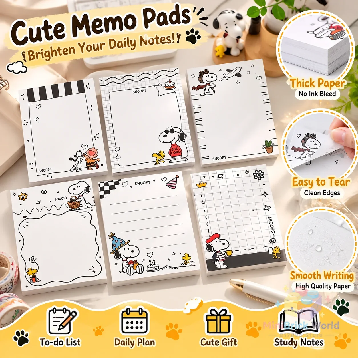 Snoopy Memo Notes 6 Designs Cute Cartoon Writing Paper Notepad To Do List Message Notes Student School Office Supplies