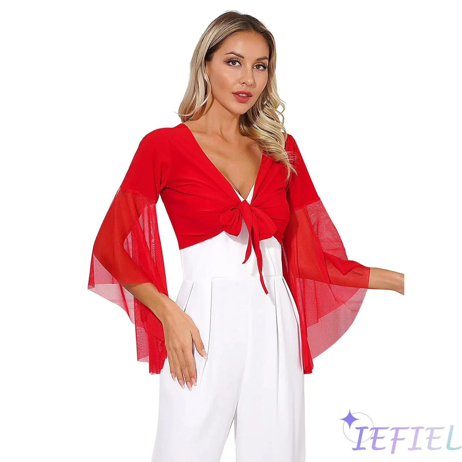 

Women V Neck Flared Sleeve Lace-up Crop Top Shrug Sheer Shawl Wraps Bolero Cardigan Dancewear Stage Performance Show Costume