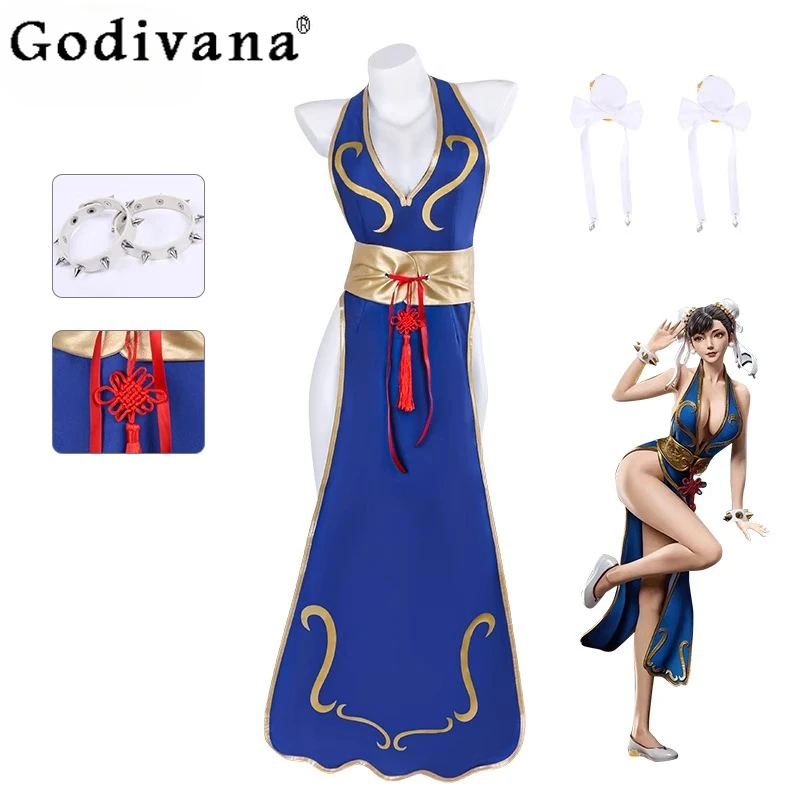 

Cosplay Dance Dress Blue Halter Neck High Slit Cheongsam Women Sexy Dress Street Fighter Game Costume Halloween Girls Dress
