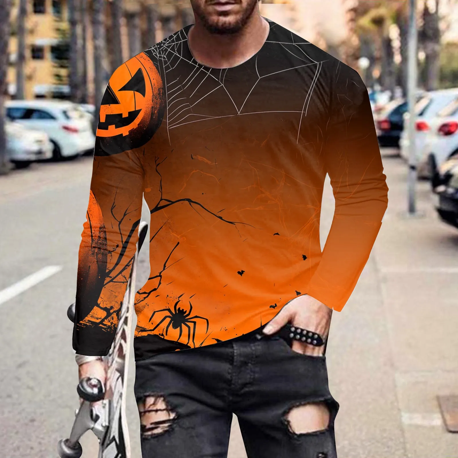 Men Long Sleeve T‑Shirt Halloween Pumpkin Spider Bat Castle Print Crew Neck Casual Party Blouse