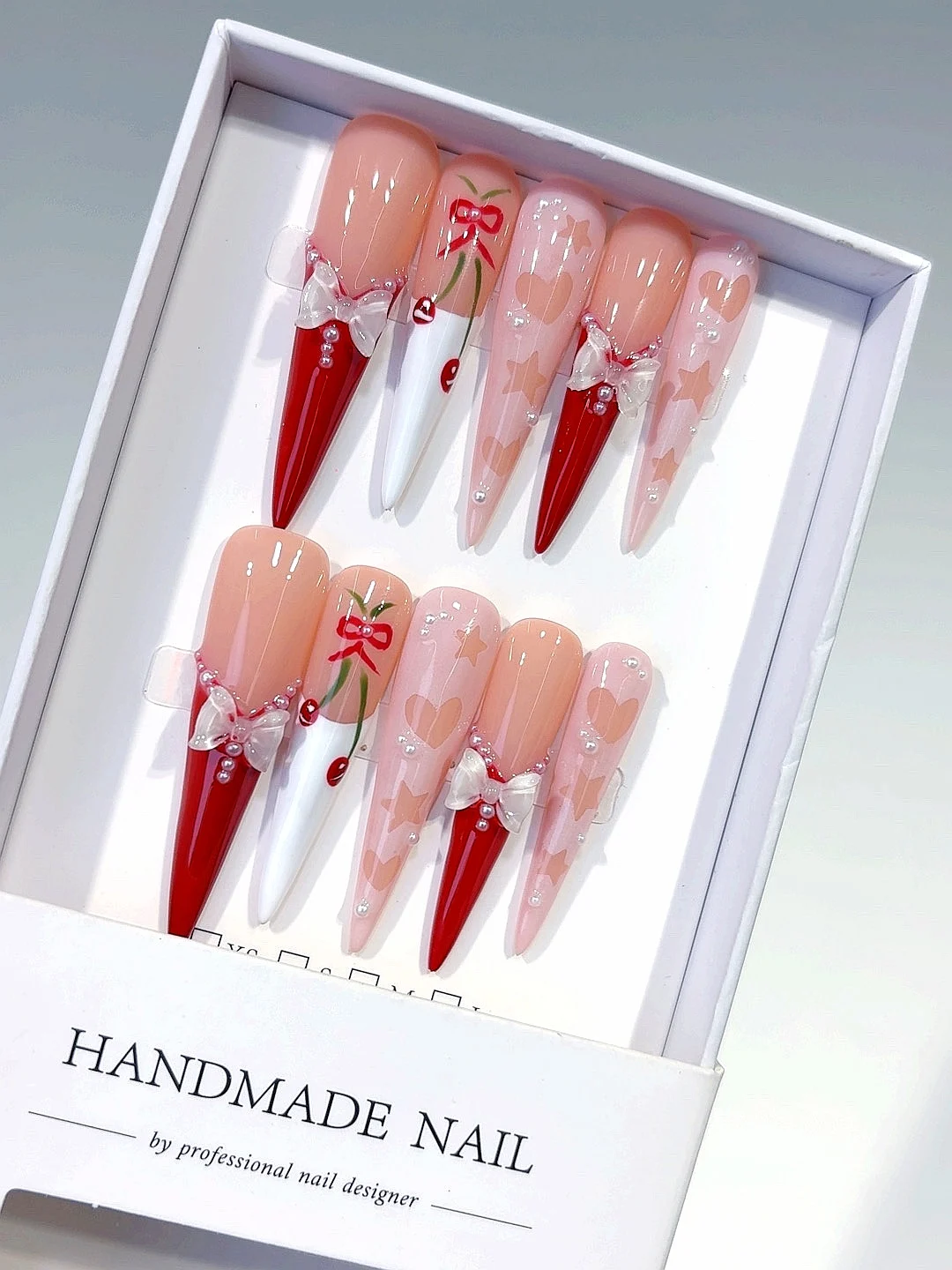 

Вишневый бант Элегантный стиль Длинные остроконечные модные дизайны ногтей (L153)