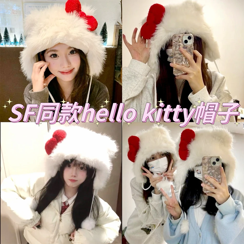 อะนิเมะ Hello Kitty Plush หมวก Sanrio Kawaii Kt โบว์หมวกขี่จักรยานกลางแจ้งป้องกันเย็นป้องกันหู Windproof ของขวัญหญิง