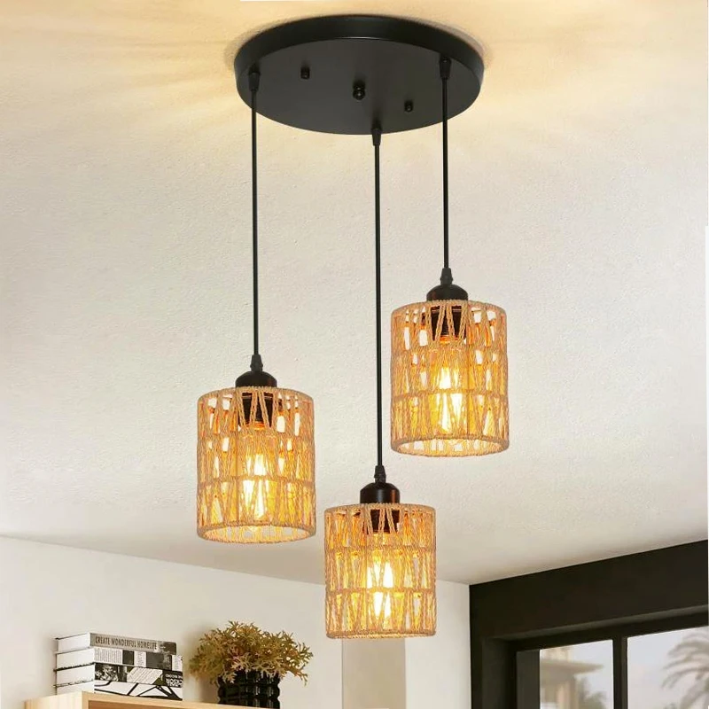 

3-Light Rattan Lamp Shade Boho Style Pendant Sconce Shade Ceiling Light Covers Cylinder Woven Lampshade for Living Room