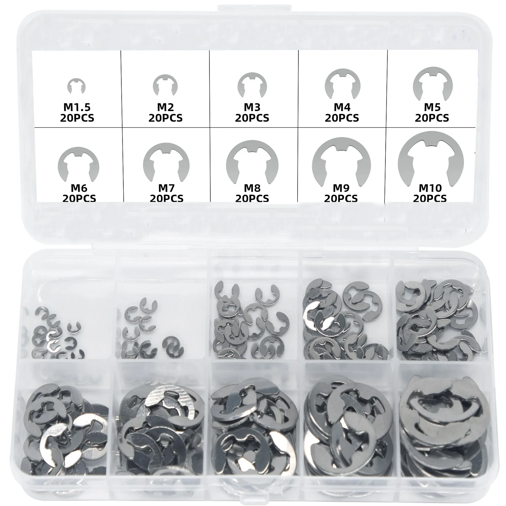 200pcs E Circlip Shaft External Retaining Ring Clip Washer 10 Size Stainless Steel Carbon Steel Circlip Washer for Shaft Fastene