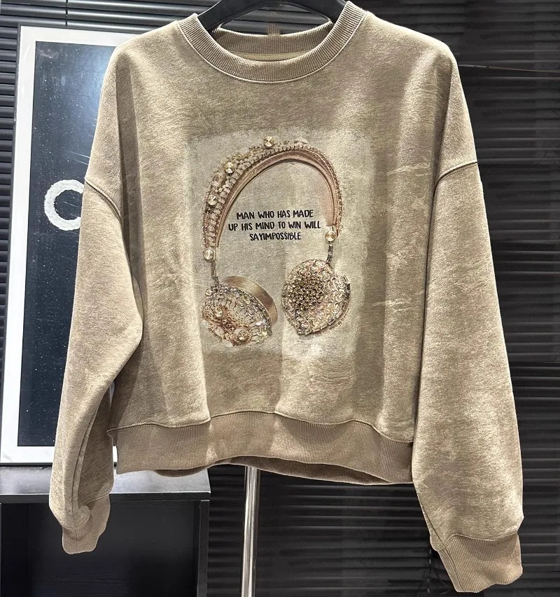 2024 Autumn New Heavy Industry Diamond-encrusted Printed Earphones Round Neck Short Sweatshirts Women's Loose Casual Top Hoodies