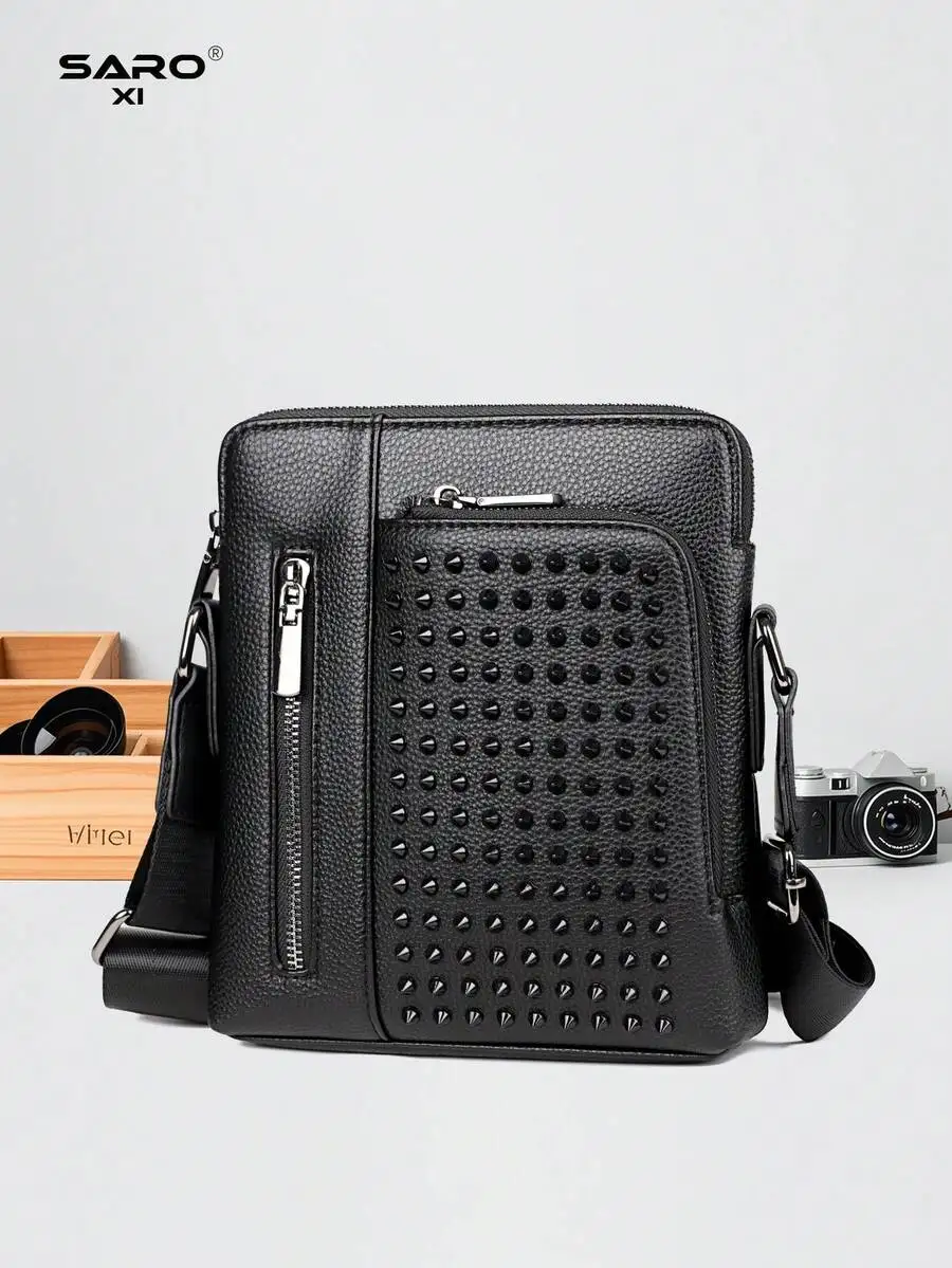 

Men's Minimalist Rivet Messenger Bag: Large Capacity PU Leather Shoulder Bag for Commuting. Ideal Boyfriend Gift.