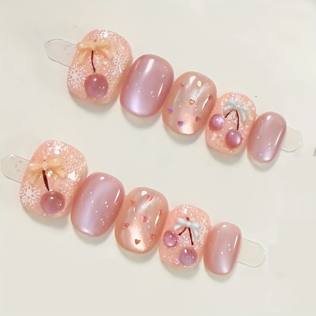 

10pcs Handmade Pink Glitter Cat Eye Press-on Nail Cherry Bow Full Coverage Nail Tips for Women&Girl Removable Wearable Nail Art