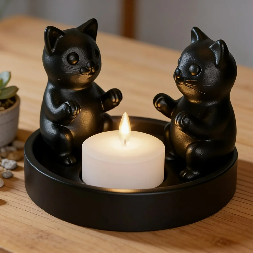 Lindo soporte de vela de gato, adornos de decoración artesanal de escritorio, adornos de gato, decoración del hogar para sala de estar y dormitorio [excluyendo velas]
