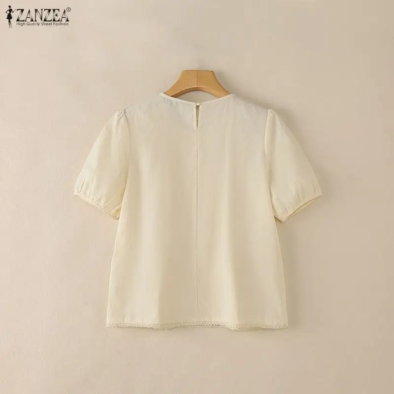 ZANZEA Women Summer Cotton Linen Pintuck Blouses O-Neck Short Puff Sleeve Lace Patchwork Tops Casual Solid Color Blusas de Mujer