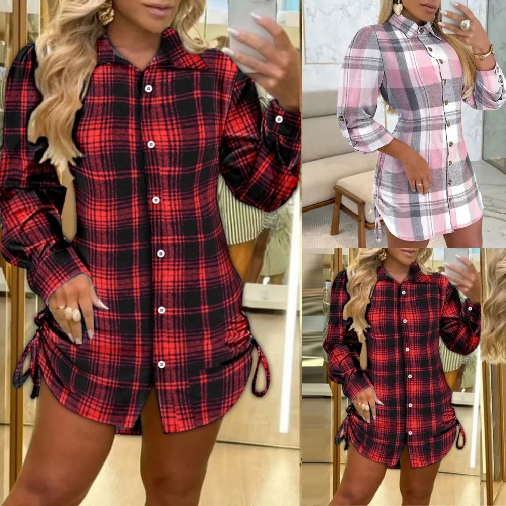 Plaid Print Button Down Shirt Dress Back Shirred Roll Tab Sleeve Side Drawstring Mini Dresses