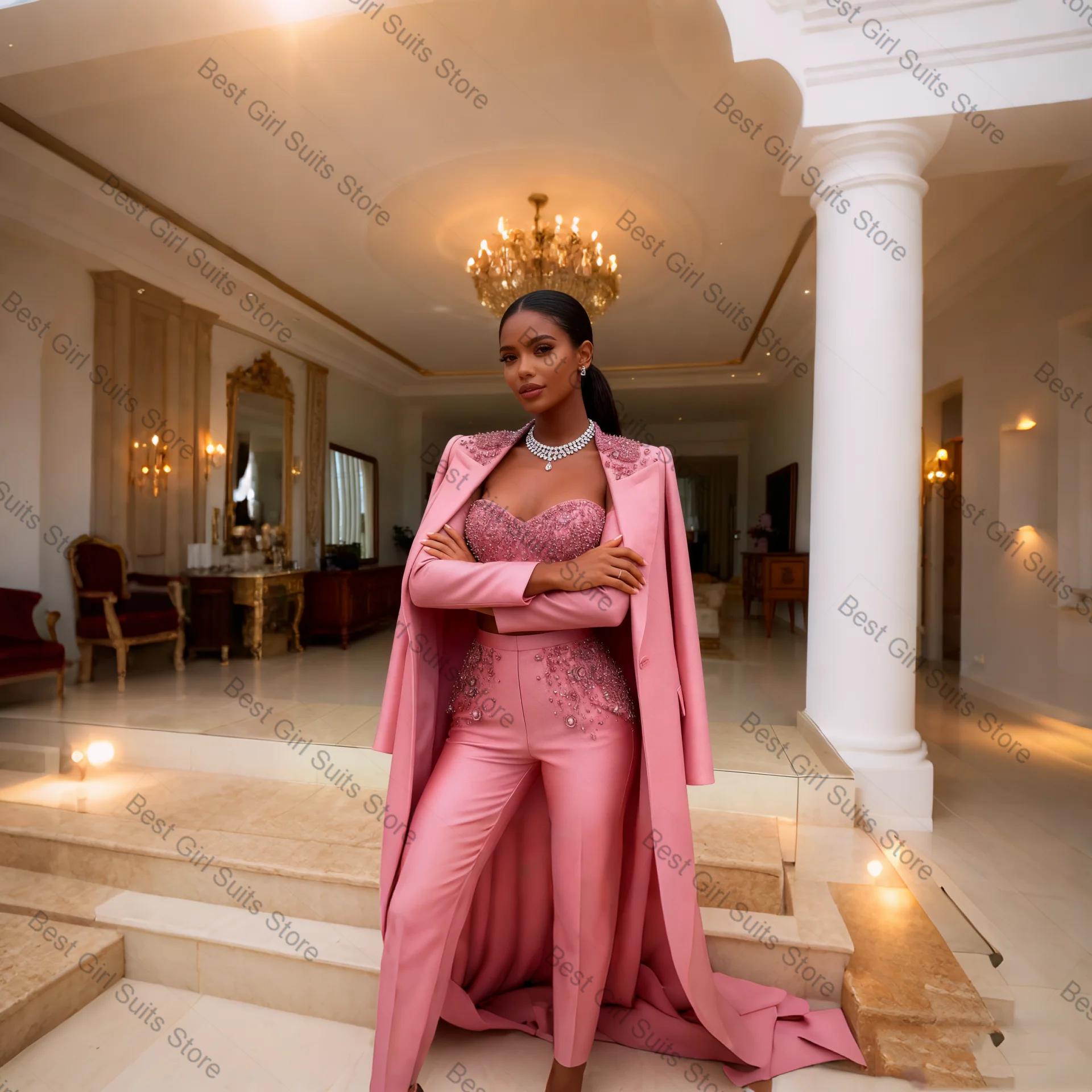 

Pink Crystals Women Suit Set 3 Piece Long Blazer+Top+Pants Trousers Cotton Formal Office Lady Jacket Customized Wedding Coat