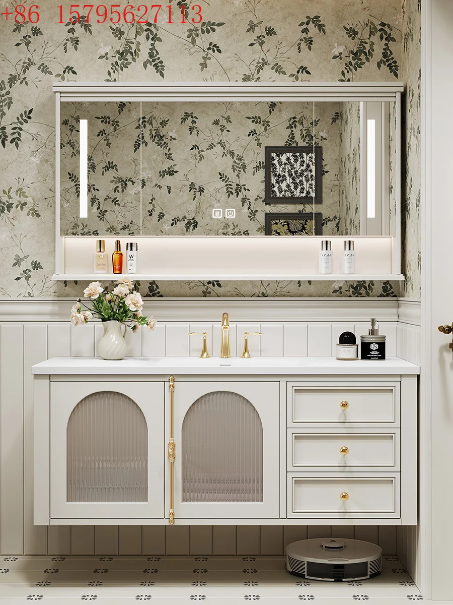 

Rock slab seamless integrated basin washstand rubber wood paint French light luxury hanging bathroom cabinet