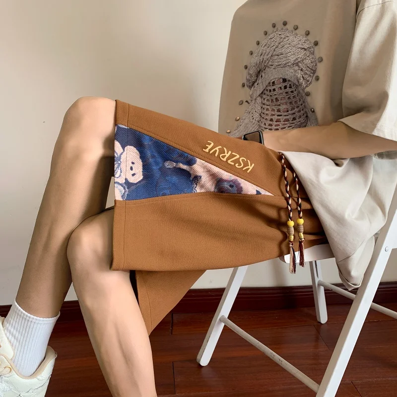 

Bear ort Pants Men's Summer American Retro Patchwork Baskeall Sports Five-Quarter Casual Loose Large Size Straight Leg Pants