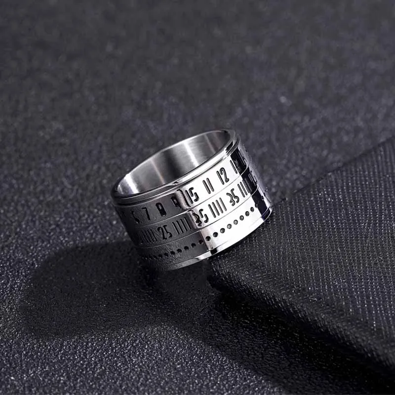 14mm Thick Heavy Men\'s Ring Rock Punk Stainless Steel Arabic Numerals Rotatable Anxiety Leisure Sports Jewelry Gift Never Fade