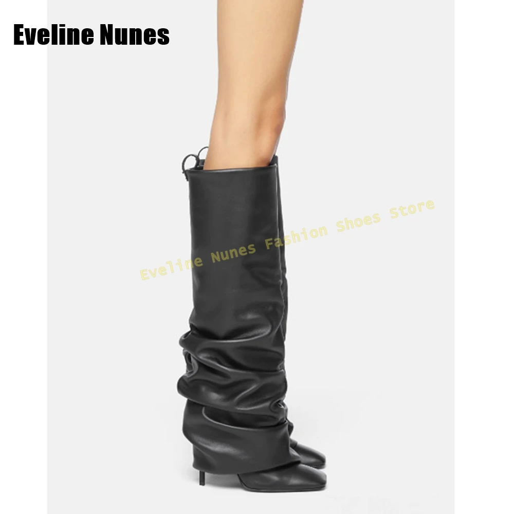 Faux Suède Geplooide Broeklaarzen Vierkante Neus Stiletto Trek Op Pittig Meisje Street Style Over De Knie Laarzen 2025, Mode Schoenen Nieuw