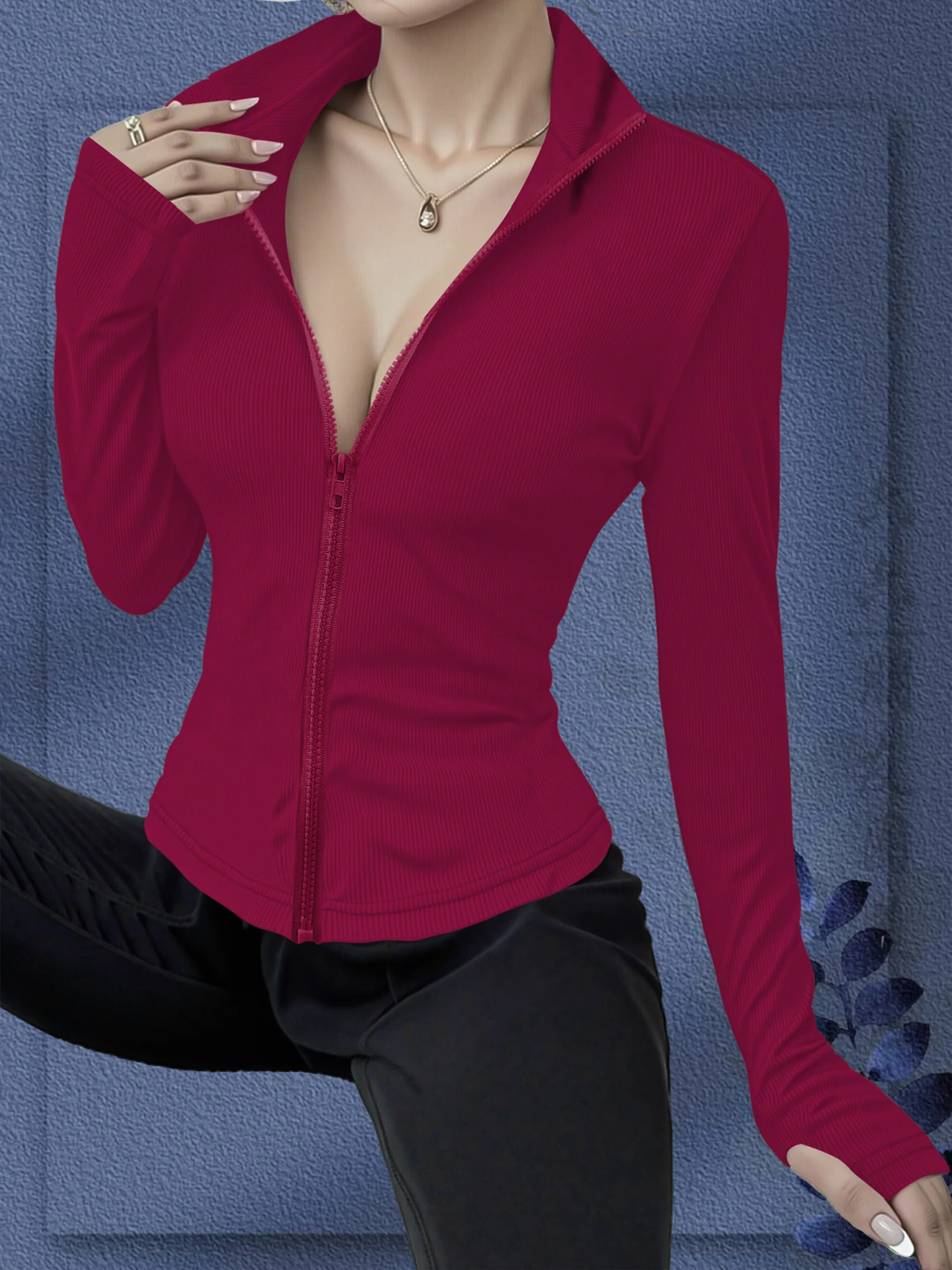 Figure-Hugging Ribbed Zip-Up Athletic Top, Fitted Layer for Y2K Style & Trendy Daily Streetwear - view 2